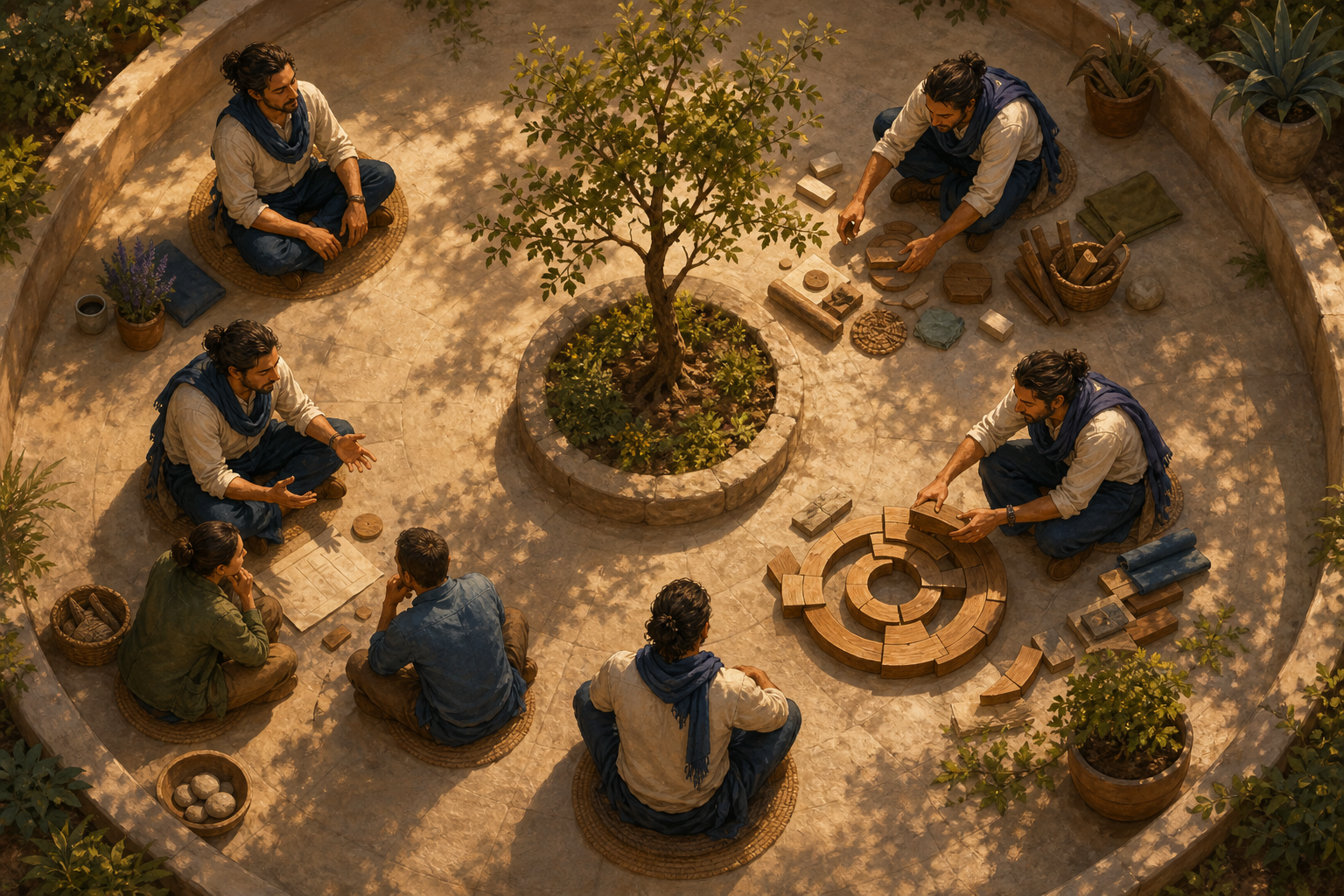 Overhead view of a leader pausing, organizing materials, consulting colleagues, and completing a shared structure around a circular courtyard.