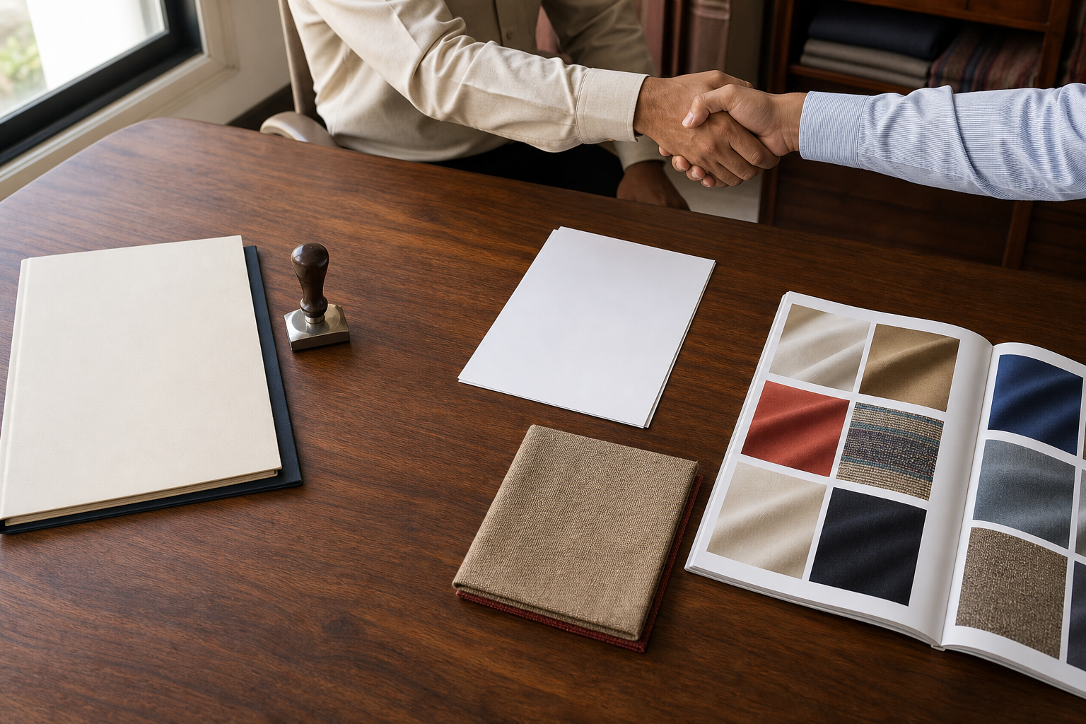 A trader's desk displays three separate groups of blank regulatory papers, buyer documents, and optional product samples.