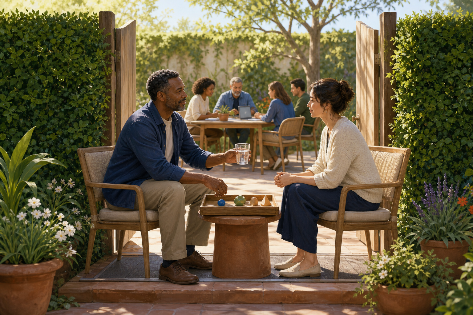 A manager offers water to an employee across an open garden threshold while the wider team works together at a nearby table.