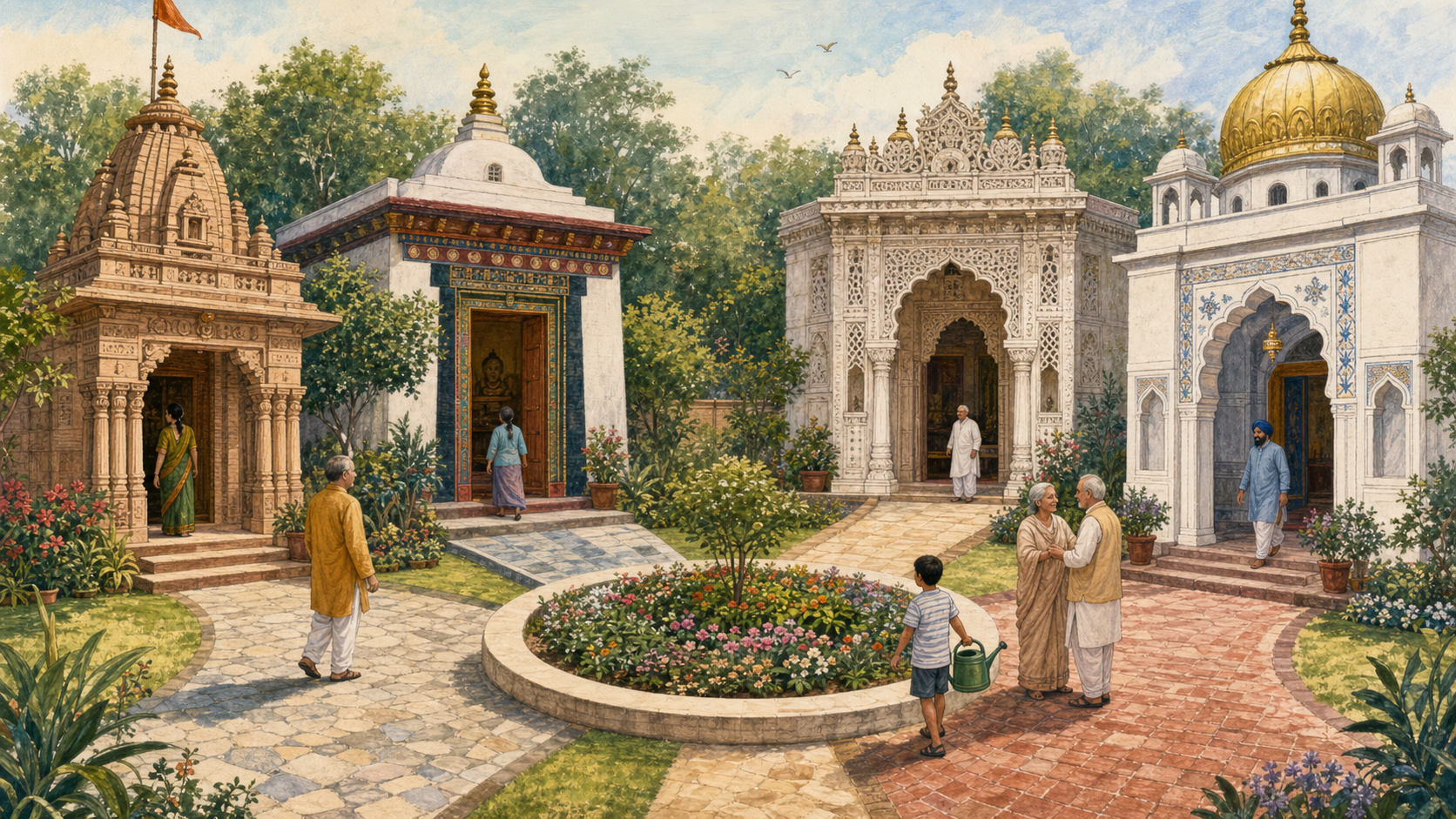 Four architecturally distinct religious doorways open onto a shared garden where neighbors meet along converging paths.