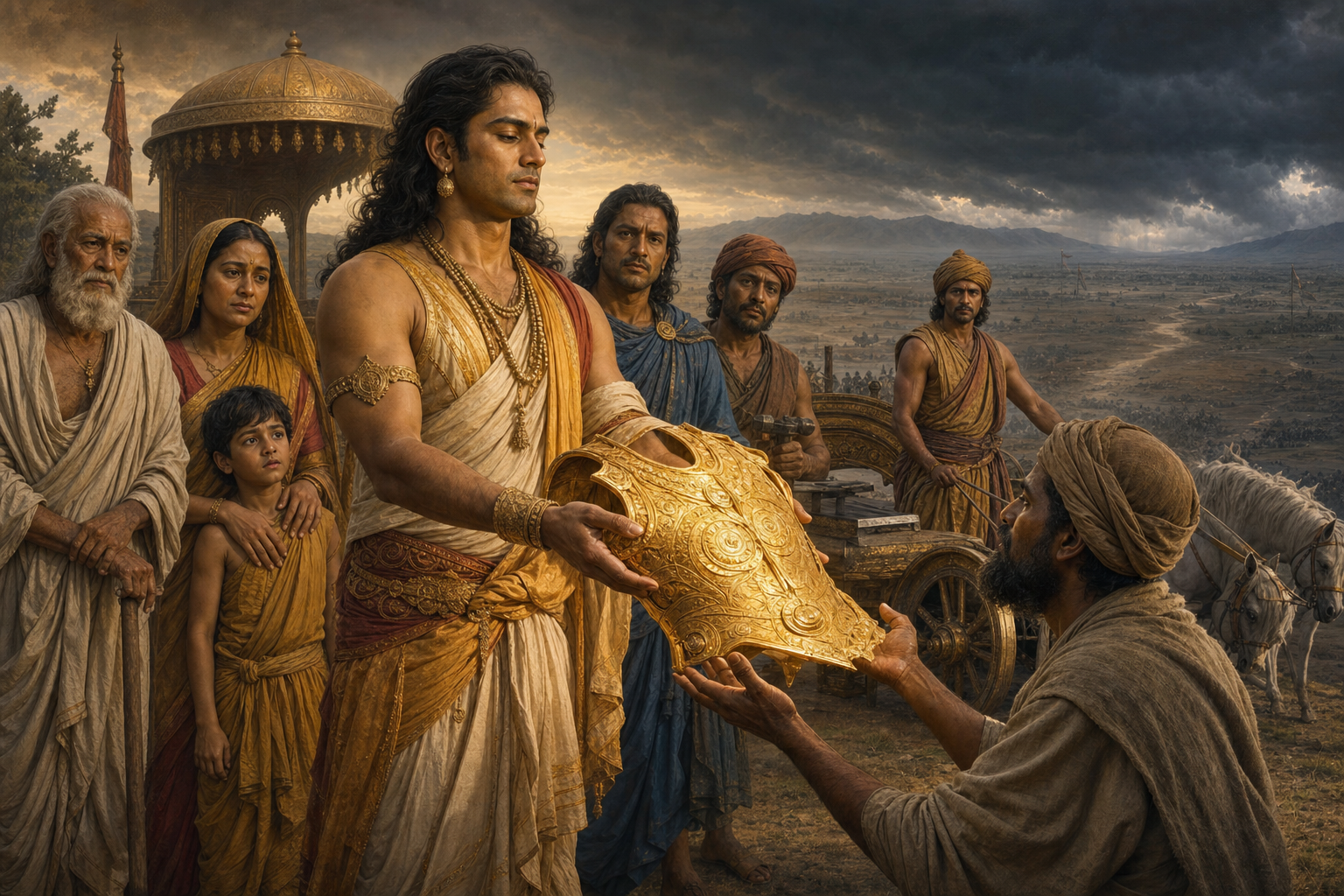 An unarmored Karna completes his gift as nearby members of his community watch with admiration and concern and storm clouds gather over a distant battlefield.