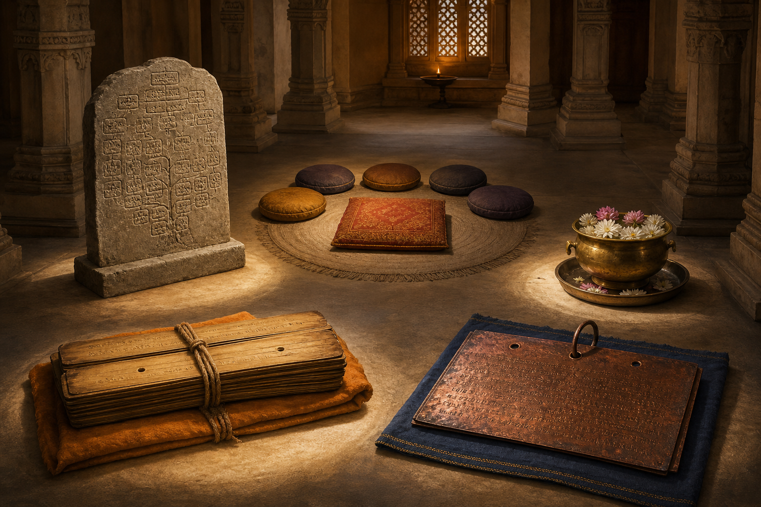 A palm-leaf manuscript, storyteller's seating area, carved stone panel, ritual vessel, and copper plate occupy separate spaces inside a pillared archive.