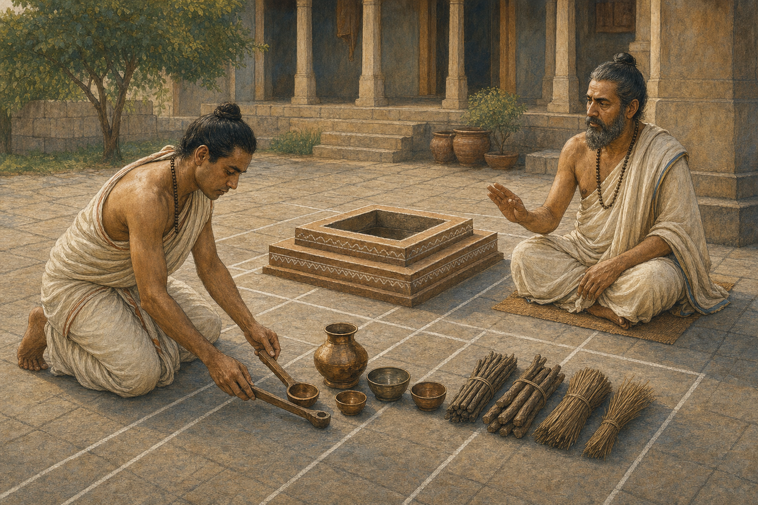 A practitioner arranges ritual vessels and fuel beside a square fire altar while a seated teacher observes in an early-morning courtyard.