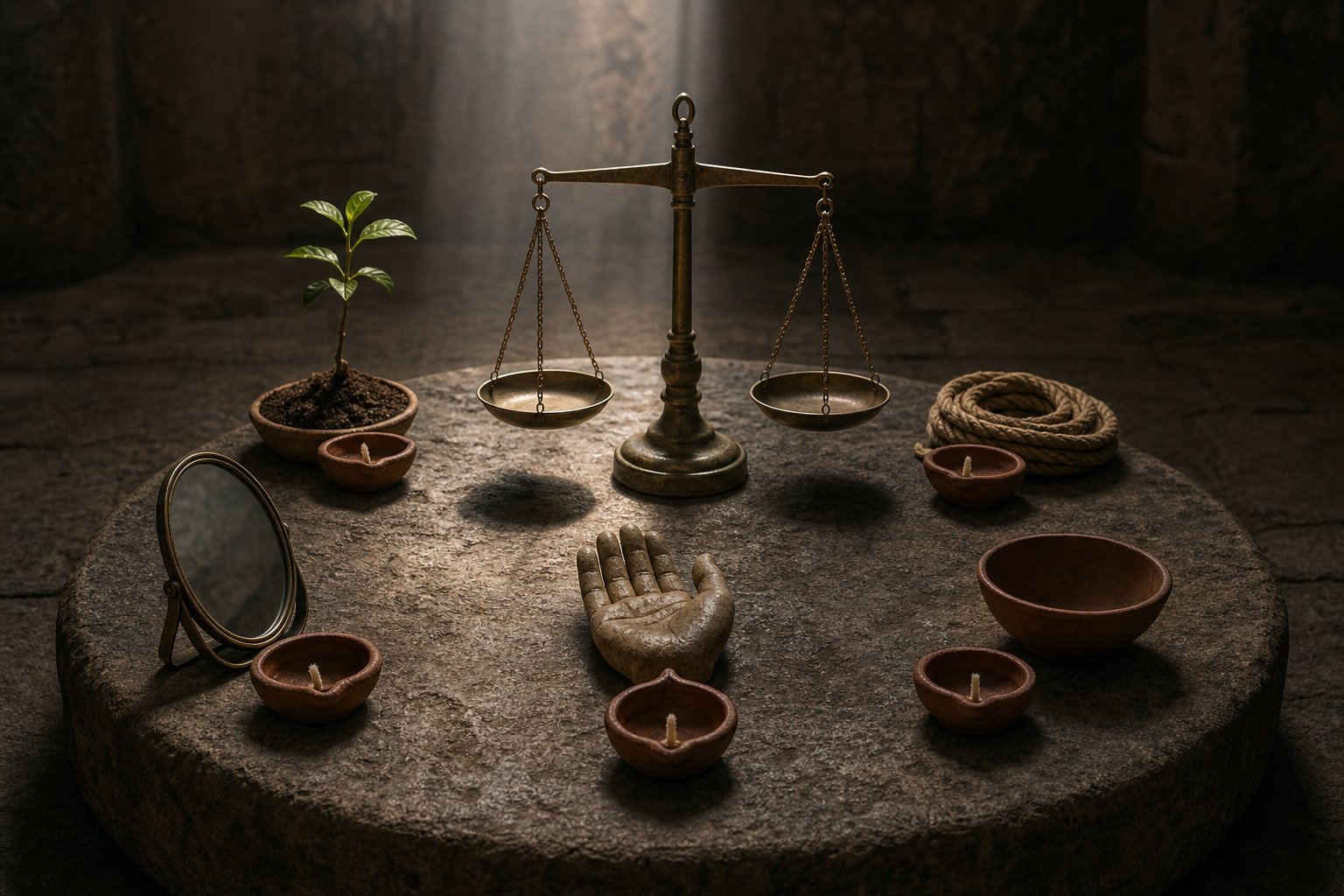 A balance scale surrounded by five clay lamps and five symbolic objects represents a careful examination of a difficult moral choice.