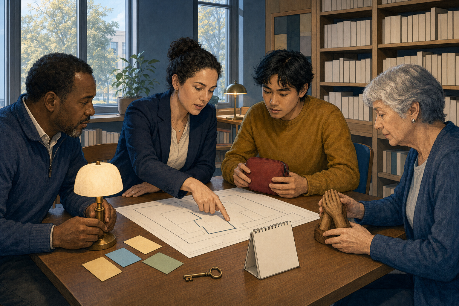Four people at a library table examine a site plan and sort objects representing institutional, safety, and community concerns.