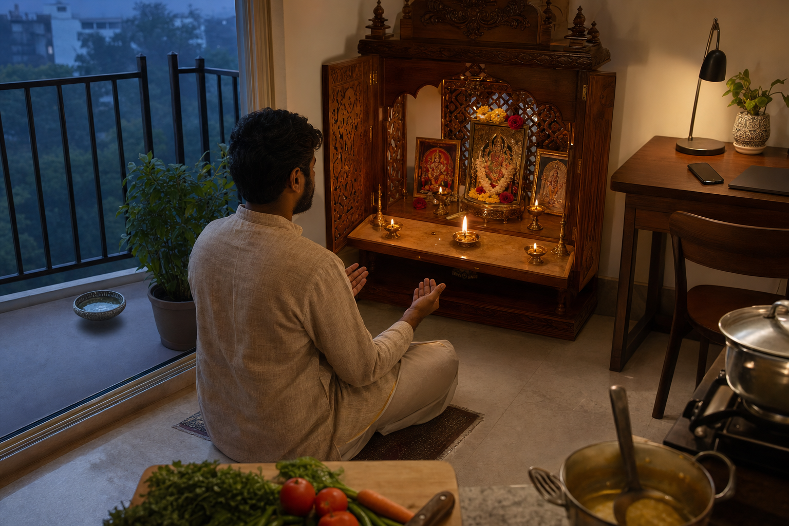 Hindu householder seated in prayer before a wooden home shrine at dawn, surrounded by everyday domestic tasks.