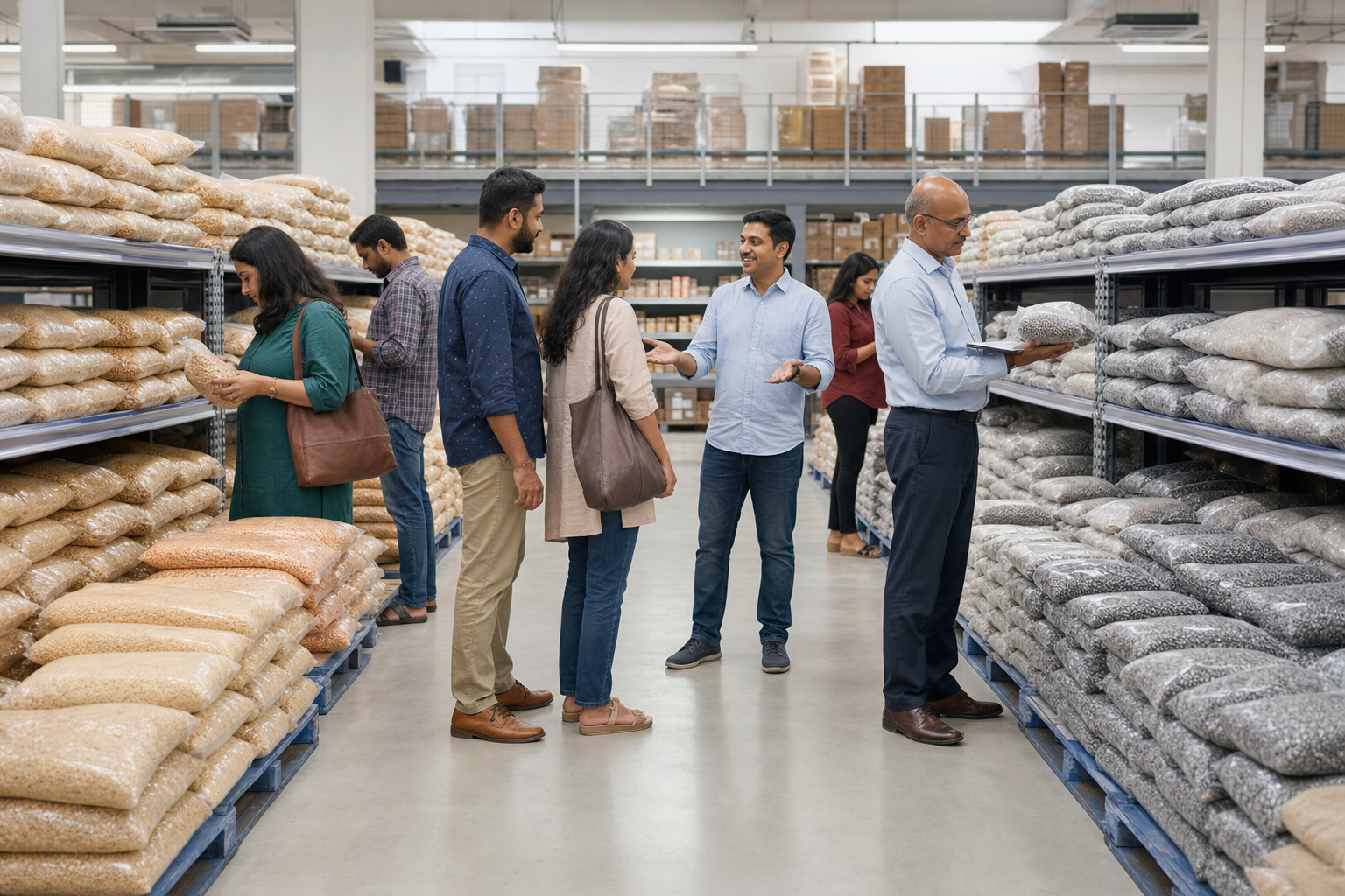 Customers choose between two parallel sets of unbranded food products while an inspector checks one batch in an Indian distribution center.