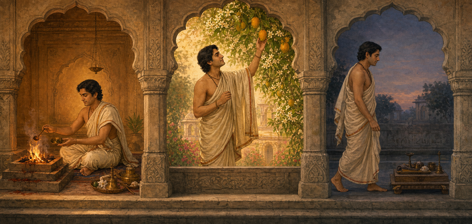 Three connected alcoves show one person performing a fire offering, reaching for a mango and flowers, and walking past an unlit ritual setting.
