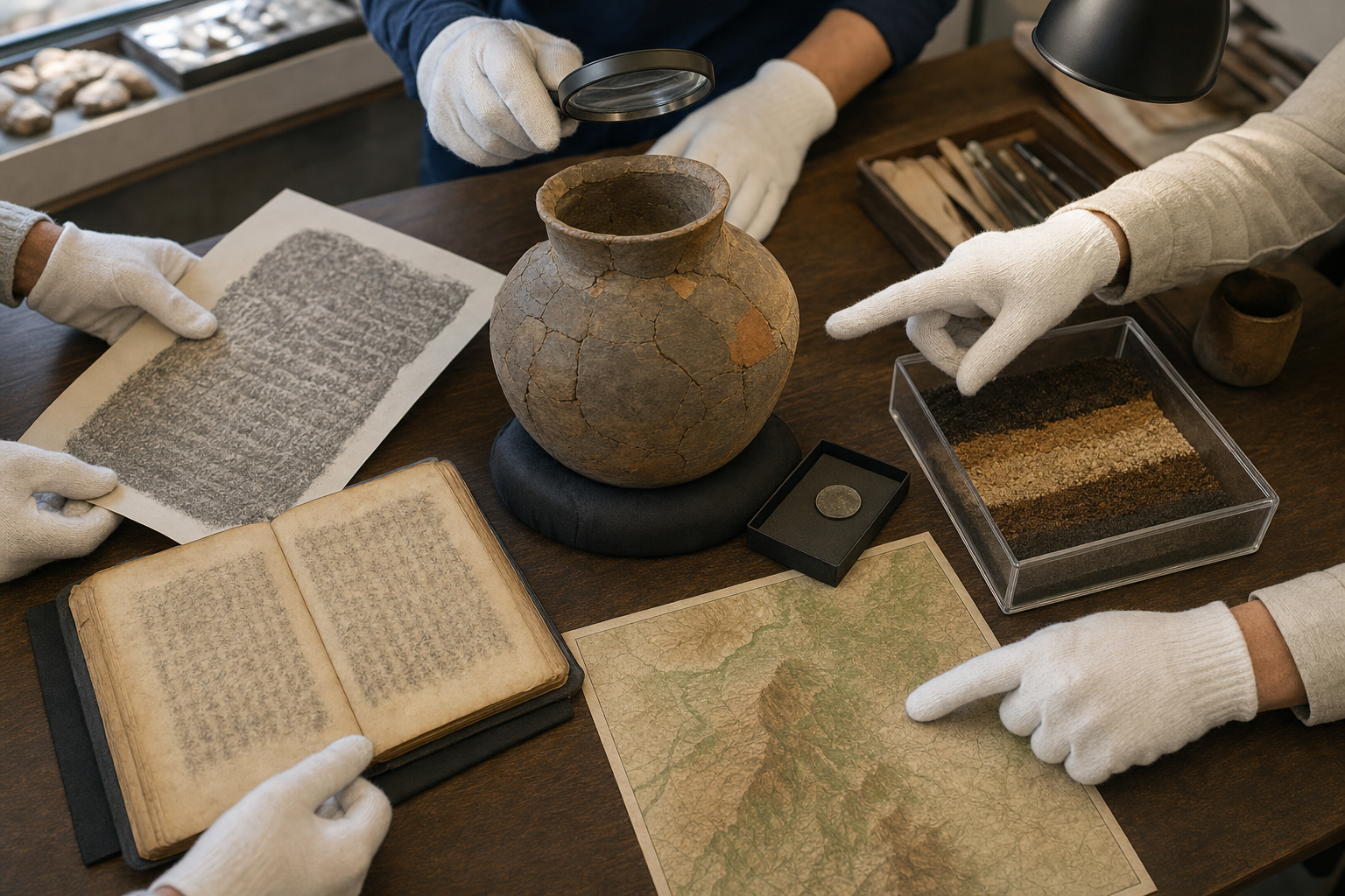 Gloved researchers compare pottery, a coin, soil samples, an inscription rubbing, a manuscript folio, and an unlabeled terrain map around a reconstructed vessel.