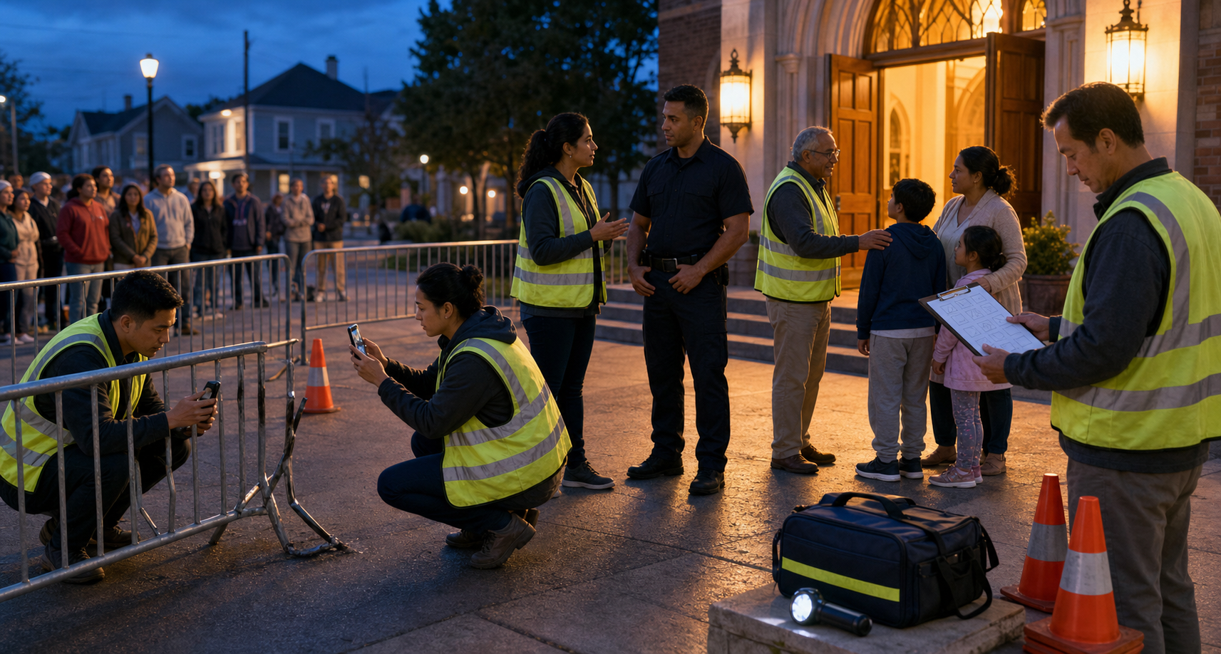 Volunteers document a damaged barrier, coordinate with a public-safety officer, and guide families near a place of worship before a festival.