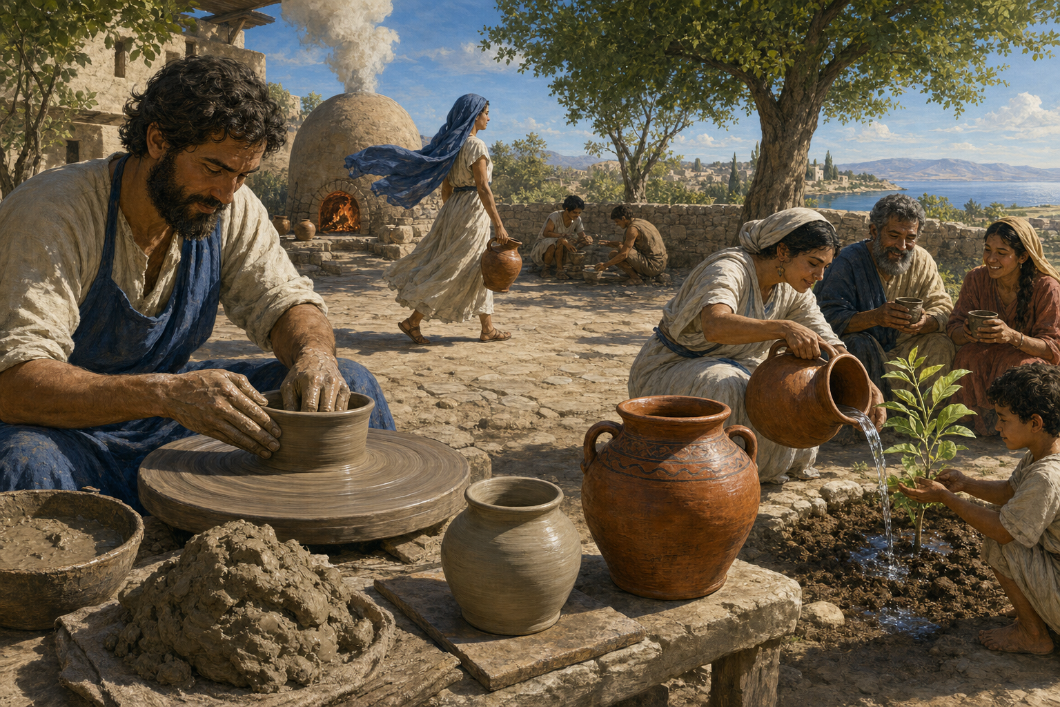 A potter shapes clay as finished vessels, shared water, a growing plant, kiln smoke, moving cloth, and cast shadows fill an ordered courtyard scene.