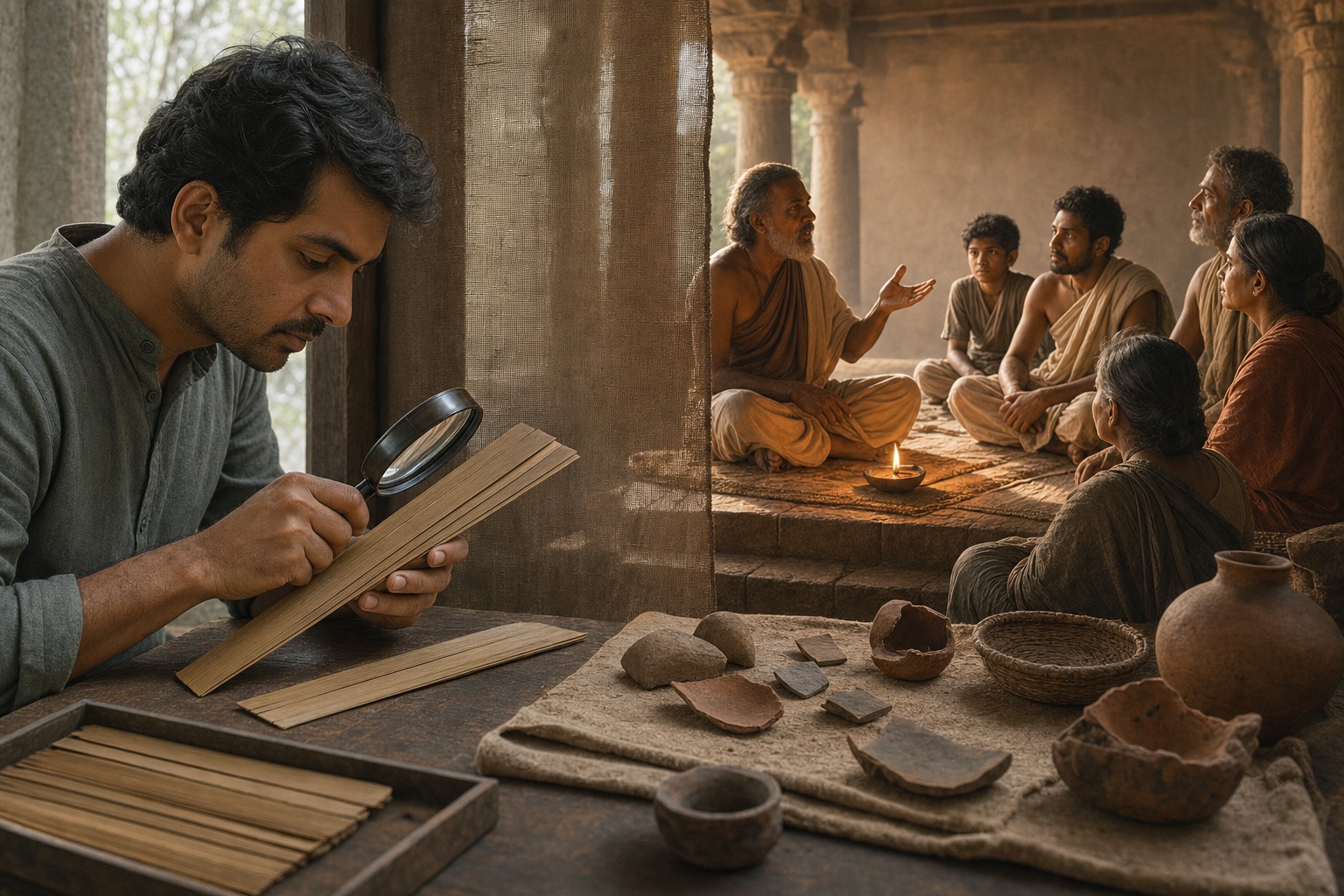 A scholar examines a manuscript and pottery in the foreground while an ancient storyteller addresses a seated multigenerational audience behind a translucent screen.