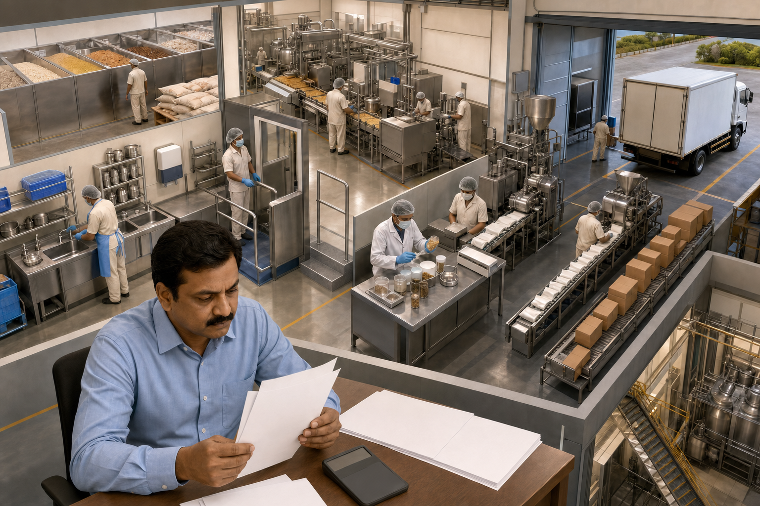 An operations manager reviews blank cost documents as separated storage, equipment, inspection, packaging, and transport stages operate behind her.