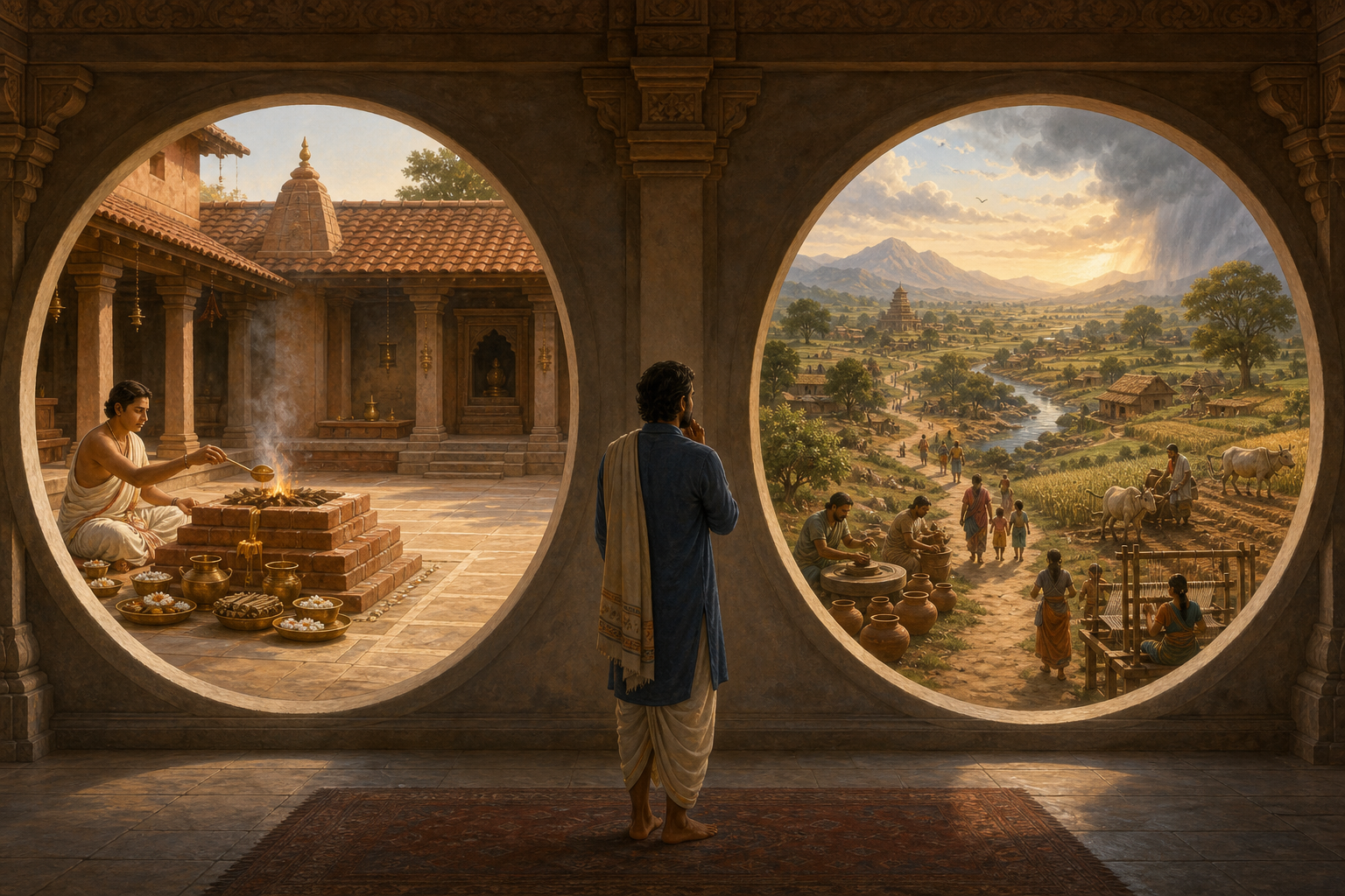 A person stands between two separate circular openings, one framing an ordered fire ritual and the other framing farms, crafts, families, water, and a bright horizon.