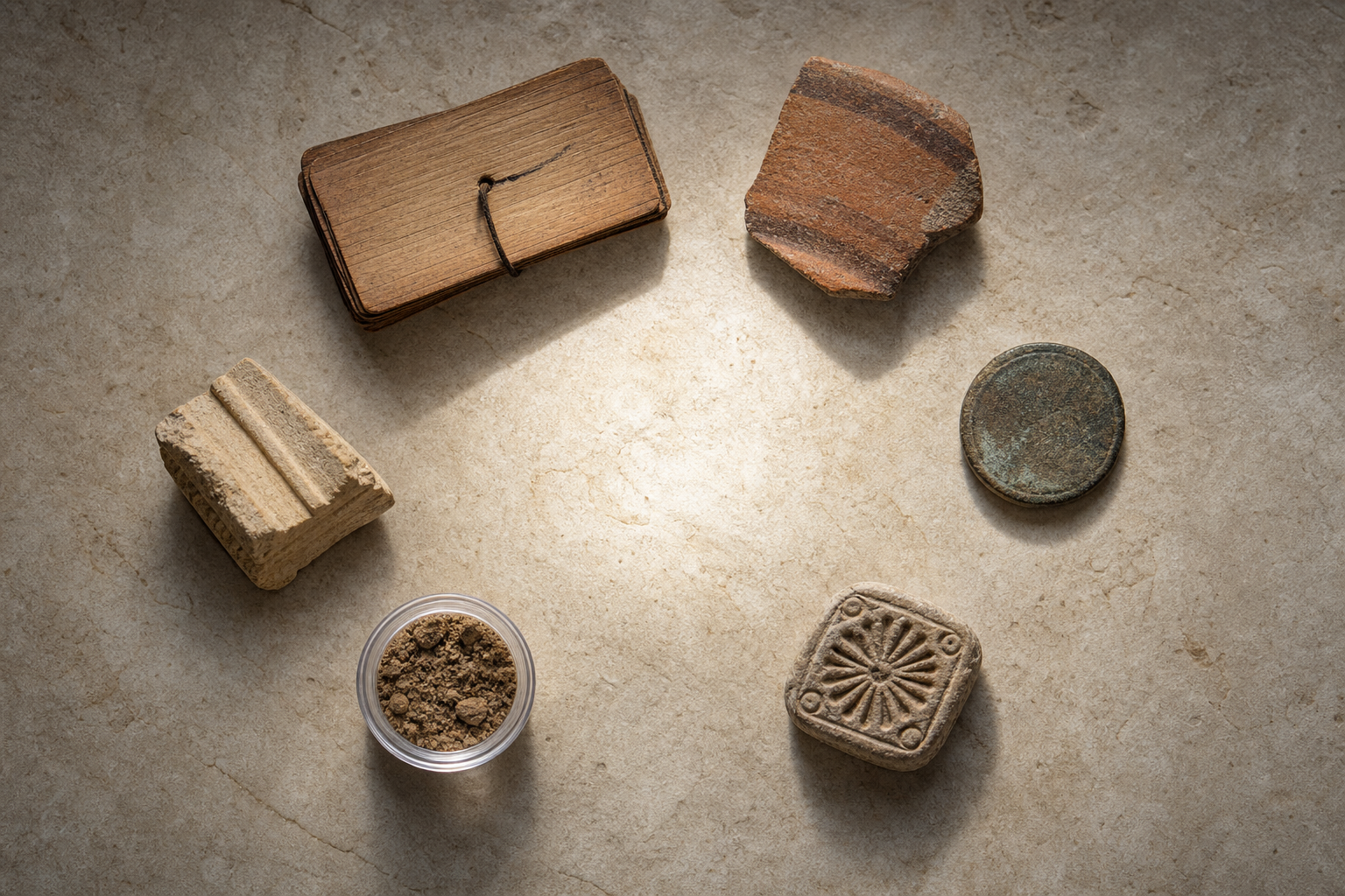 Six historical evidence objects—a manuscript folio, pottery shard, coin, seal, soil sample, and architectural fragment—are arranged in a circle on a stone table.