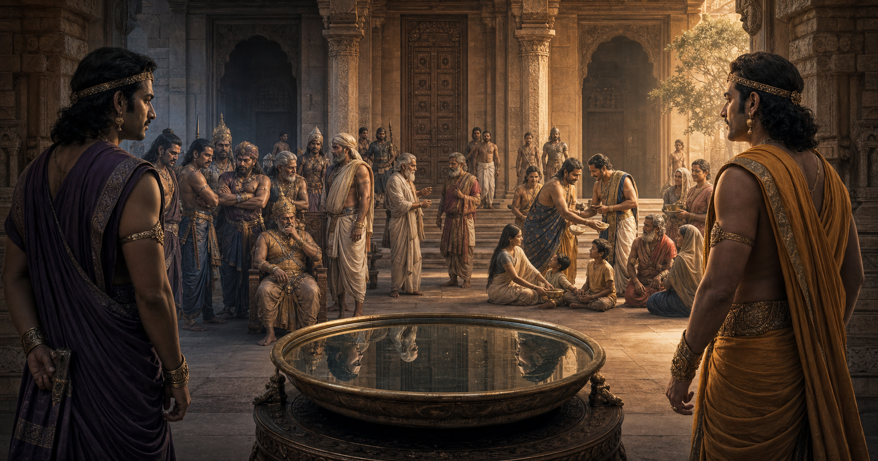 Two royal observers view the same gathering in an ancient Indian palace courtyard as a bronze basin reflects both men.