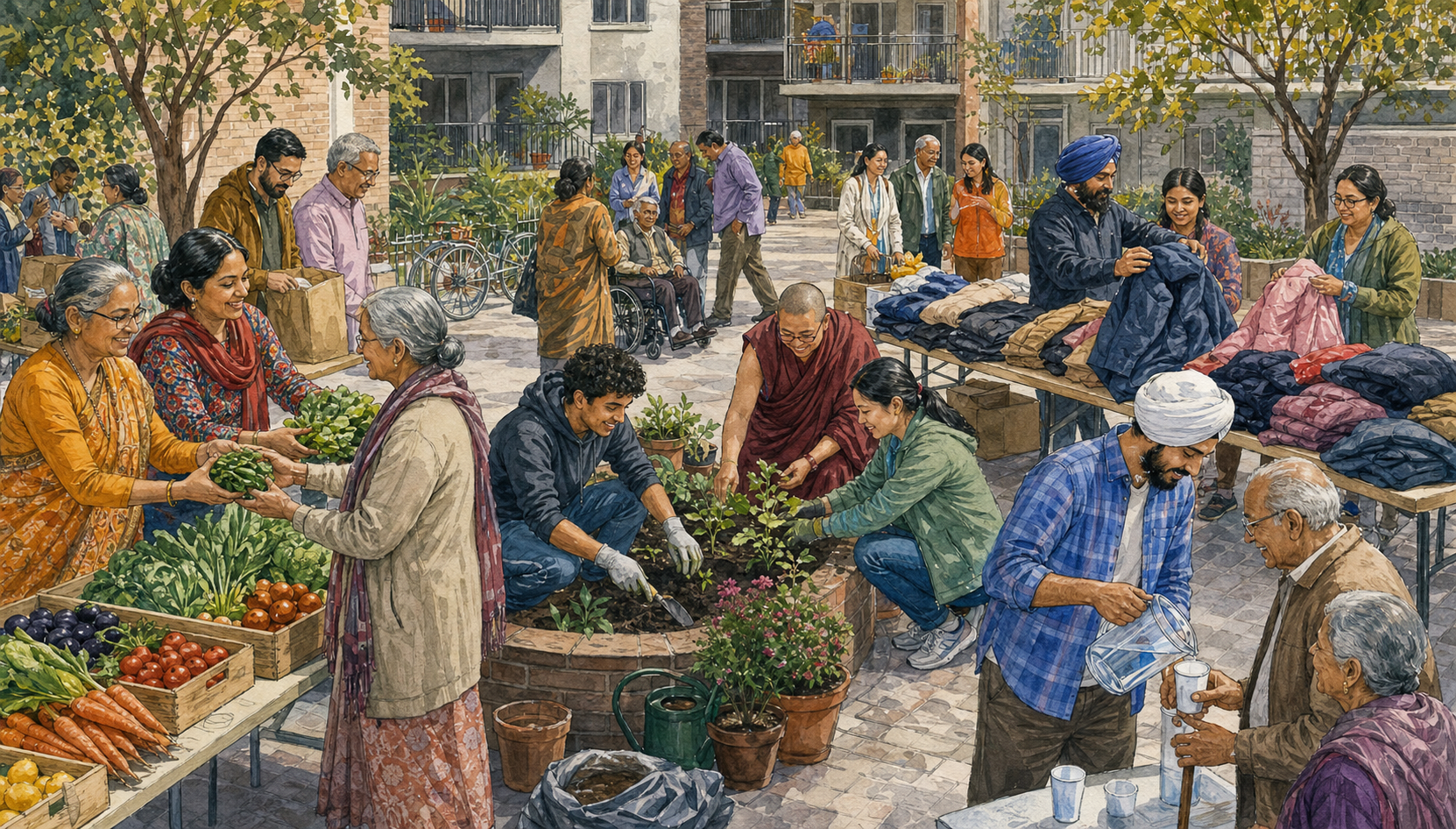 Volunteers from several Dharmic communities distribute food, sort clothing, and repair a neighborhood garden together.
