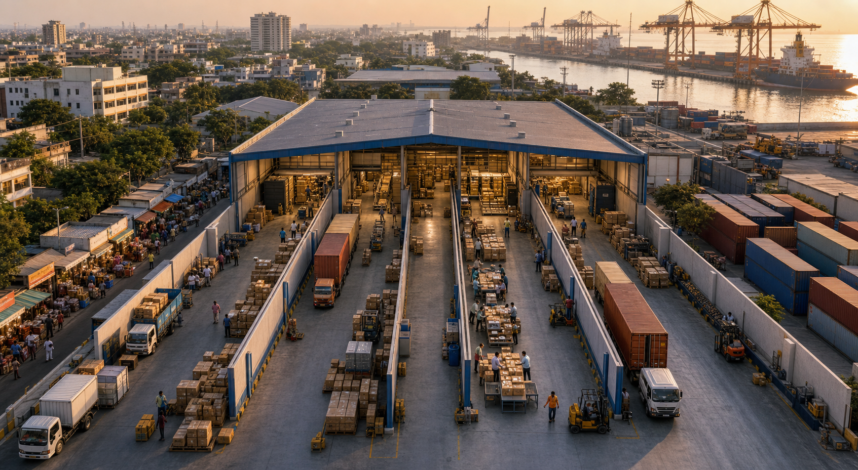 Several separate distribution routes carry food cartons from one Indian warehouse to local shops, institutional buyers, specialty customers, and export containers.