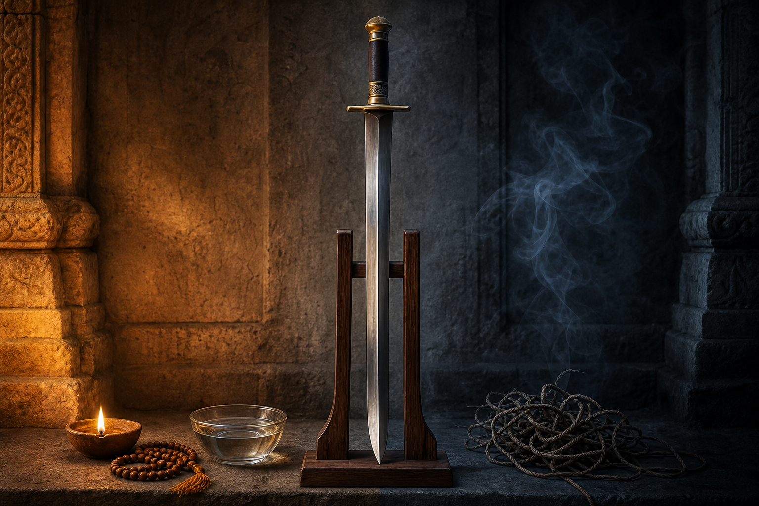 An upright Indian sword divides a still life with an oil lamp and orderly objects on one side and tangled cord and shadow on the other.