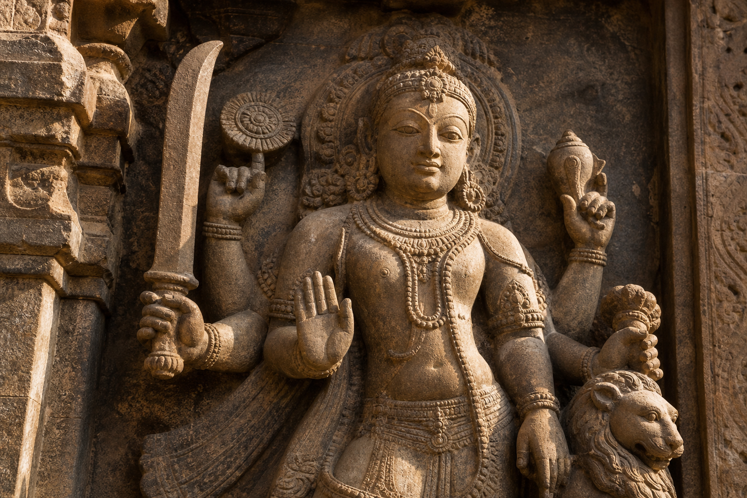 A sunlit sandstone temple relief shows a calm divine figure holding a broad sword alongside other sacred attributes.