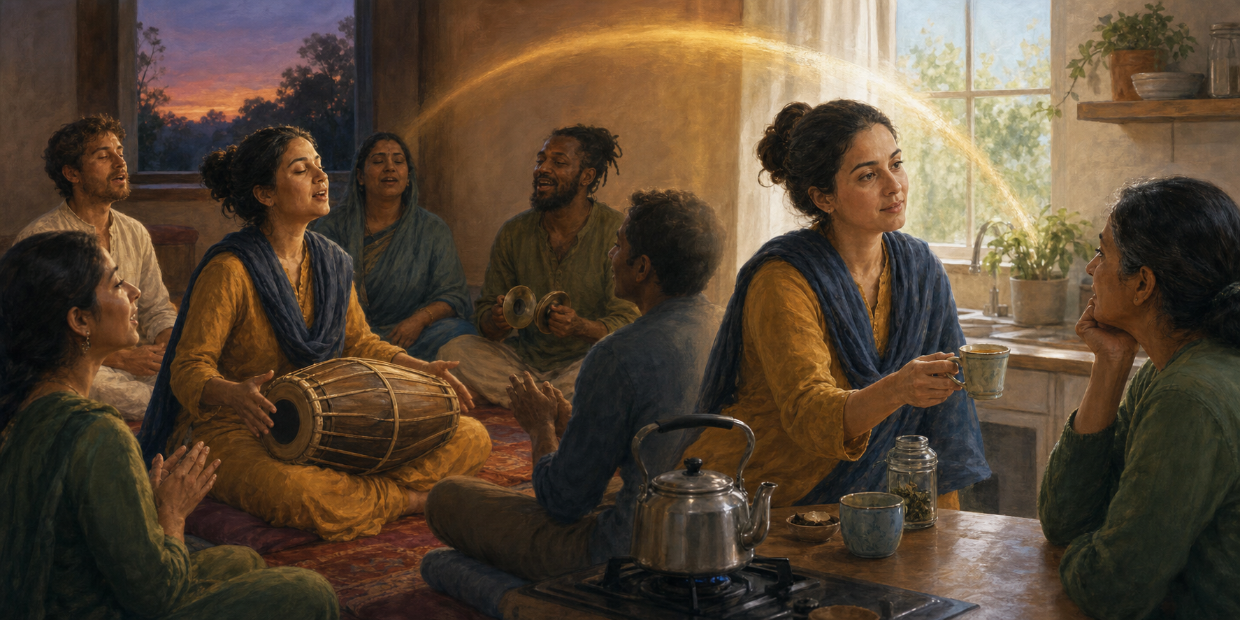 A continuous illustration moves from an evening kirtan circle with a drum and cymbals to a quiet morning scene in which a practitioner offers tea and listens to a family member.
