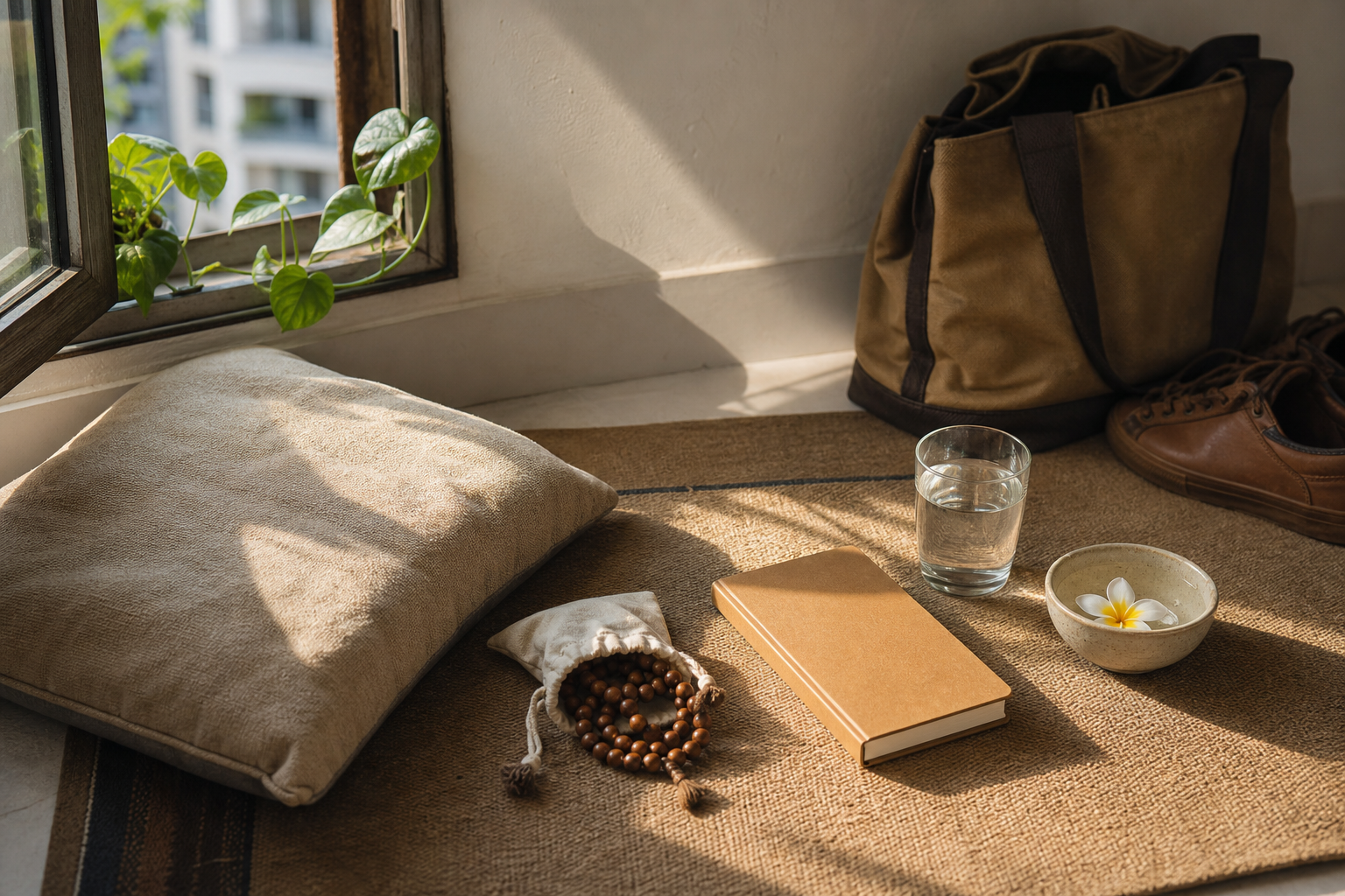 A sunlit apartment corner contains a floor cushion, prayer beads, a closed notebook, water, and a flower beside a work bag and shoes.