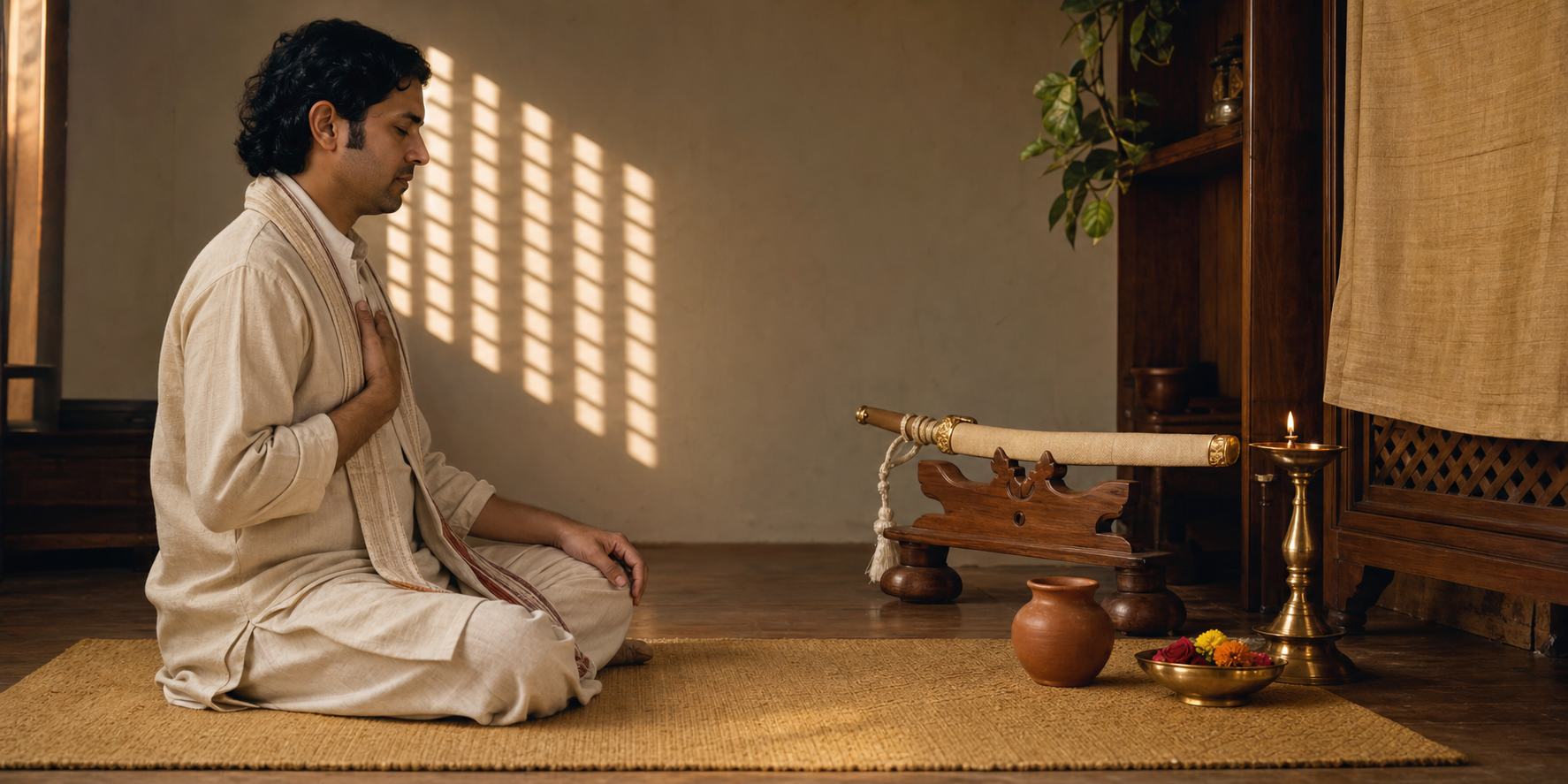 A seated practitioner reflects beside a sheathed ceremonial sword, an oil lamp, flowers, and a clay water vessel in a simple shrine room.
