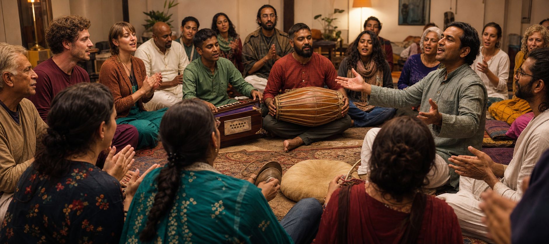 People seated in a circle sing, clap, and play harmonium, hand drum, and cymbals together during a community kirtan.