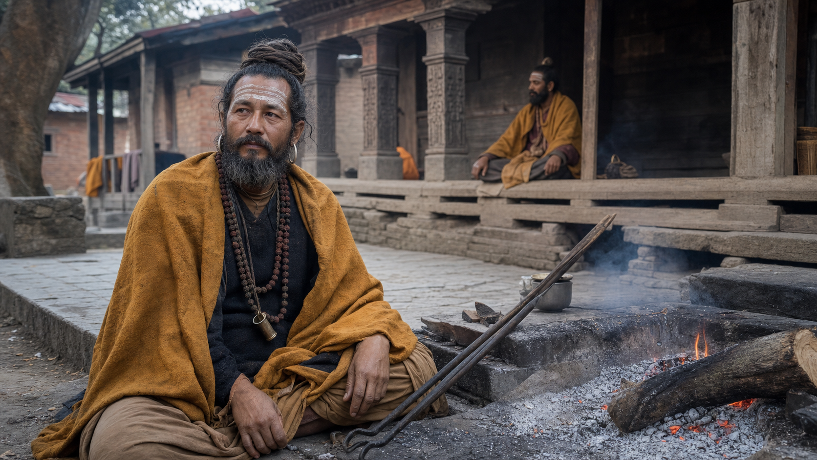 An ash-marked yogi with large cartilage earrings, prayer beads, and a dark cord sits beside a sacred fire in a monastery courtyard.