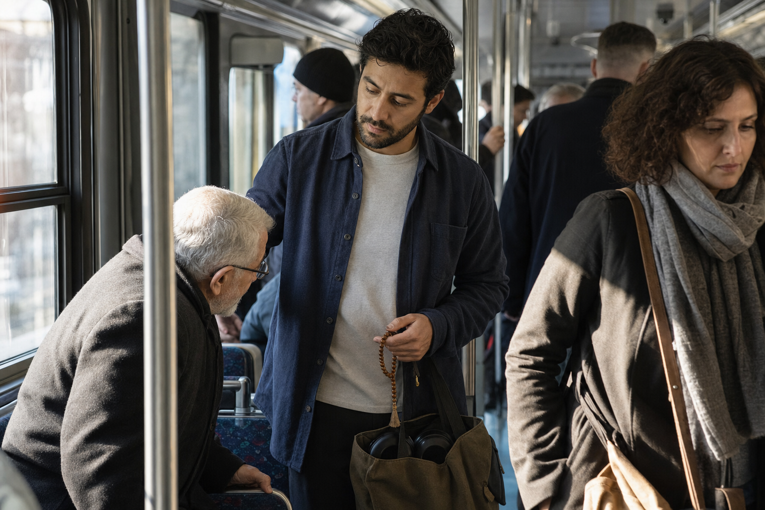 A commuter calmly gives a transit seat to an older passenger while holding prayer beads discreetly in one hand.
