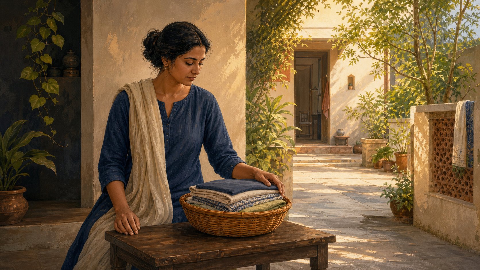 A person pauses thoughtfully beside a table while holding a basket of folded laundry in a sunlit home courtyard.