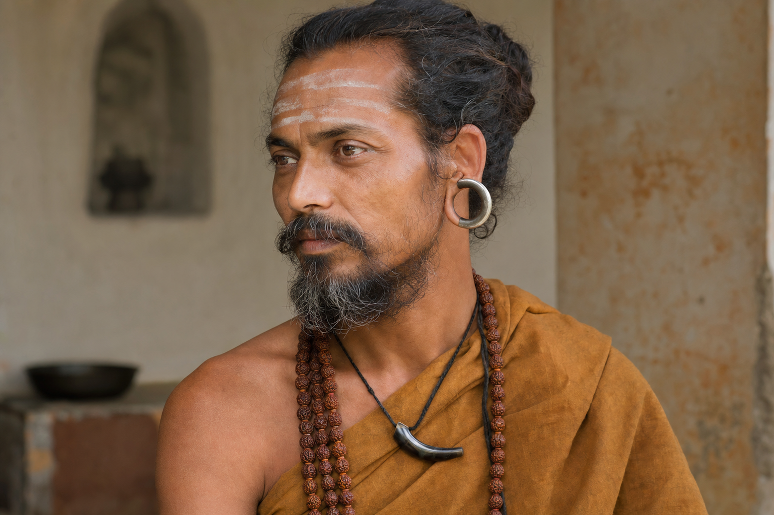 A close portrait shows an ascetic wearing a large ring through the central ear cartilage, sacred ash, rudraksha beads, and a horn whistle on a dark cord.