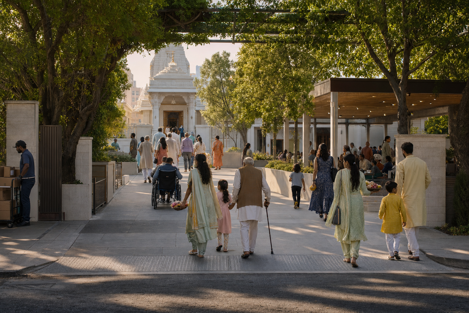 Visitors follow a shaded, step-free path from a Los Angeles street entrance through a temple courtyard while service movement remains separated at the side.