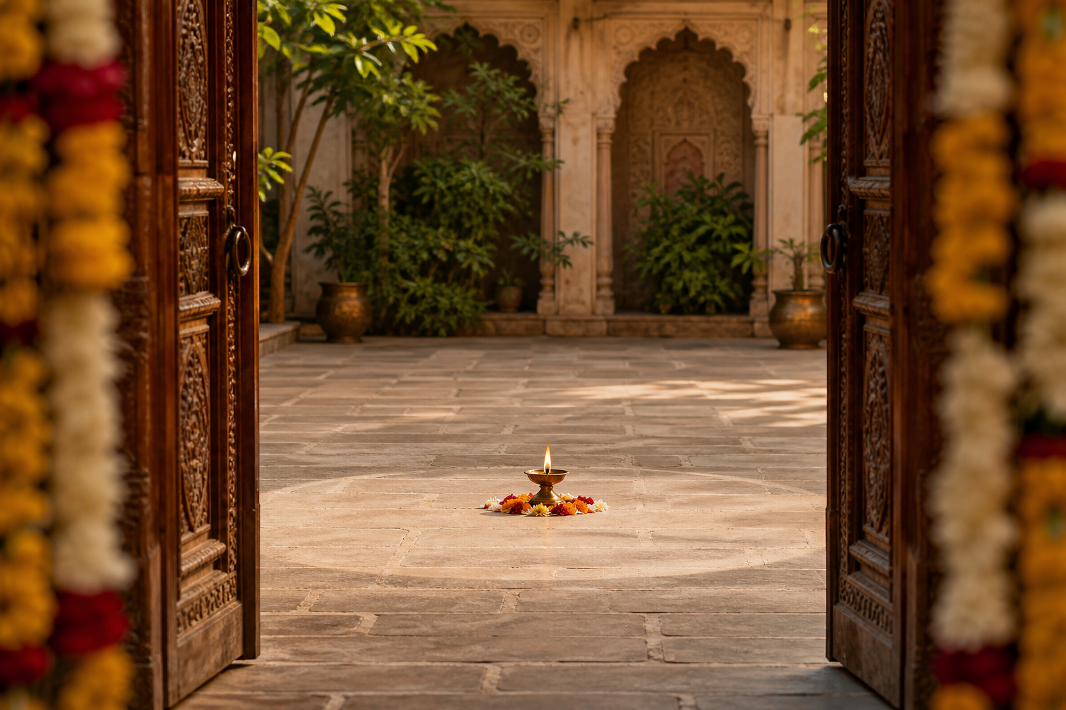 A glowing brass lamp sits in an uncluttered circle of a sunlit courtyard, with festive flower garlands softly blurred at the edges.