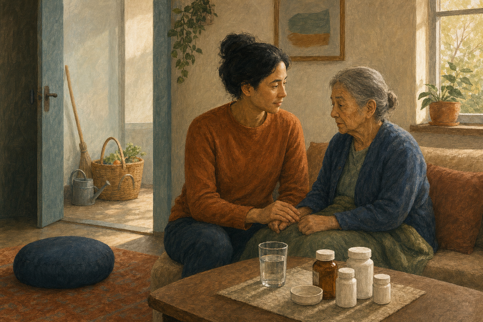 An adult sits attentively beside an elderly person in a home where several ordinary household tasks are waiting.