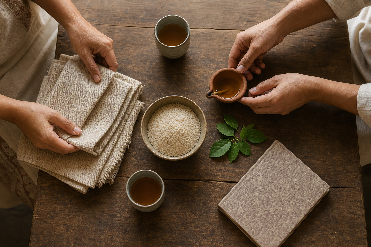 Two pairs of hands organize cloth, rice, a clay lamp, leaves, a closed notebook, and tea on a wooden table.