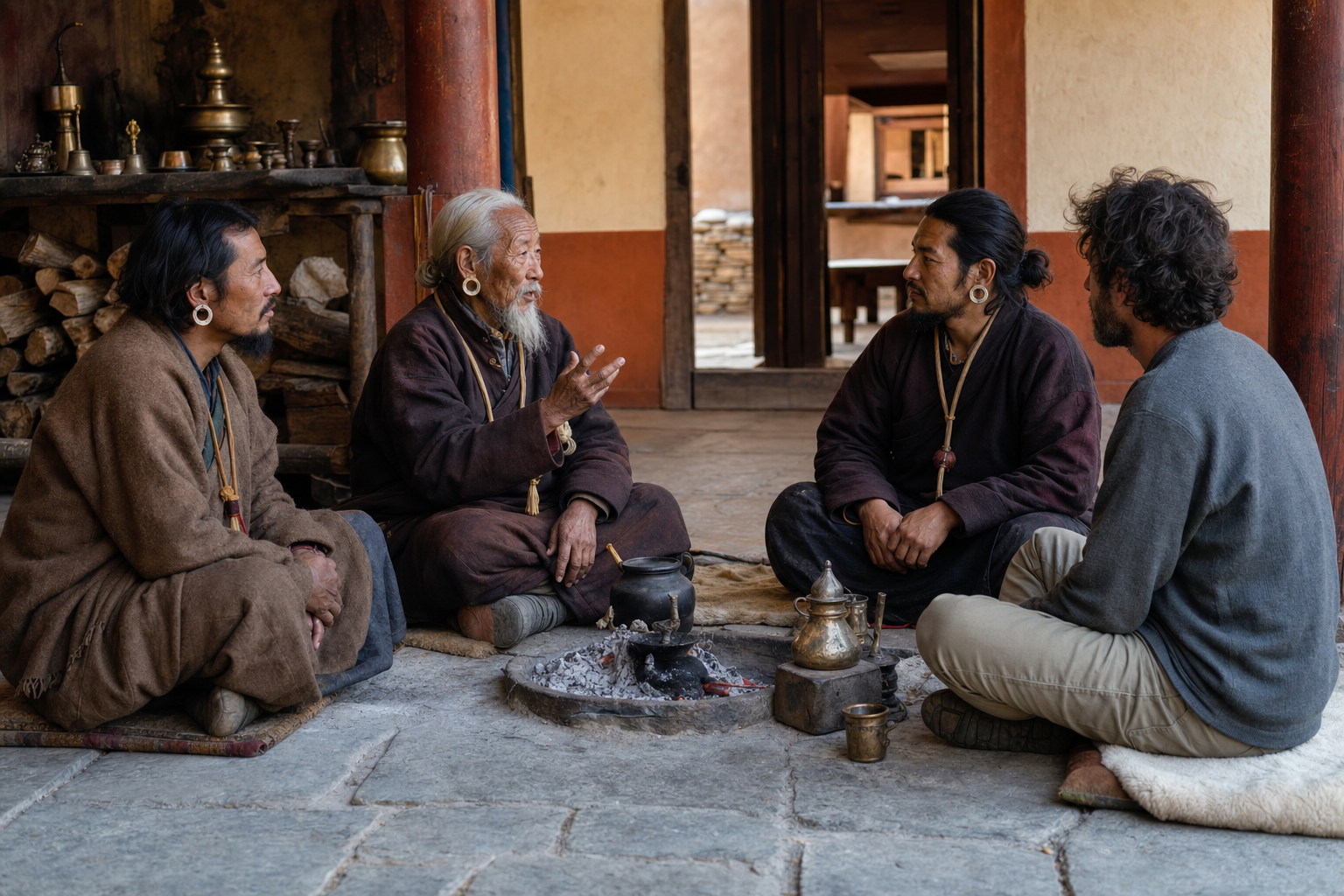 An elderly teacher, two adult disciples, and a visitor sit in conversation around a small hearth in a monastery veranda.