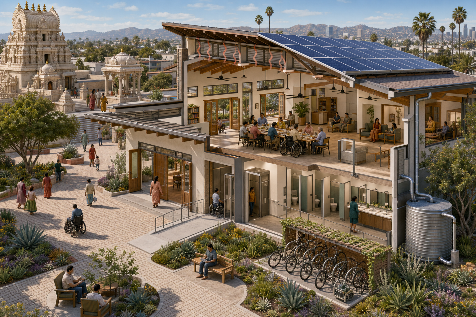 Cutaway illustration of an accessible temple community building with solar panels, natural ventilation, rainwater collection, step-free circulation, private washrooms, and shared gathering spaces.
