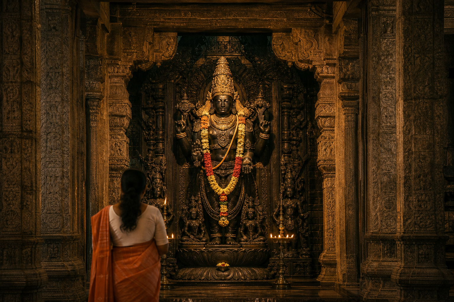 A visitor observes a multi-armed stone Hindu murti with a crown, necklaces, garland and lotus pedestal inside a carved temple hall.