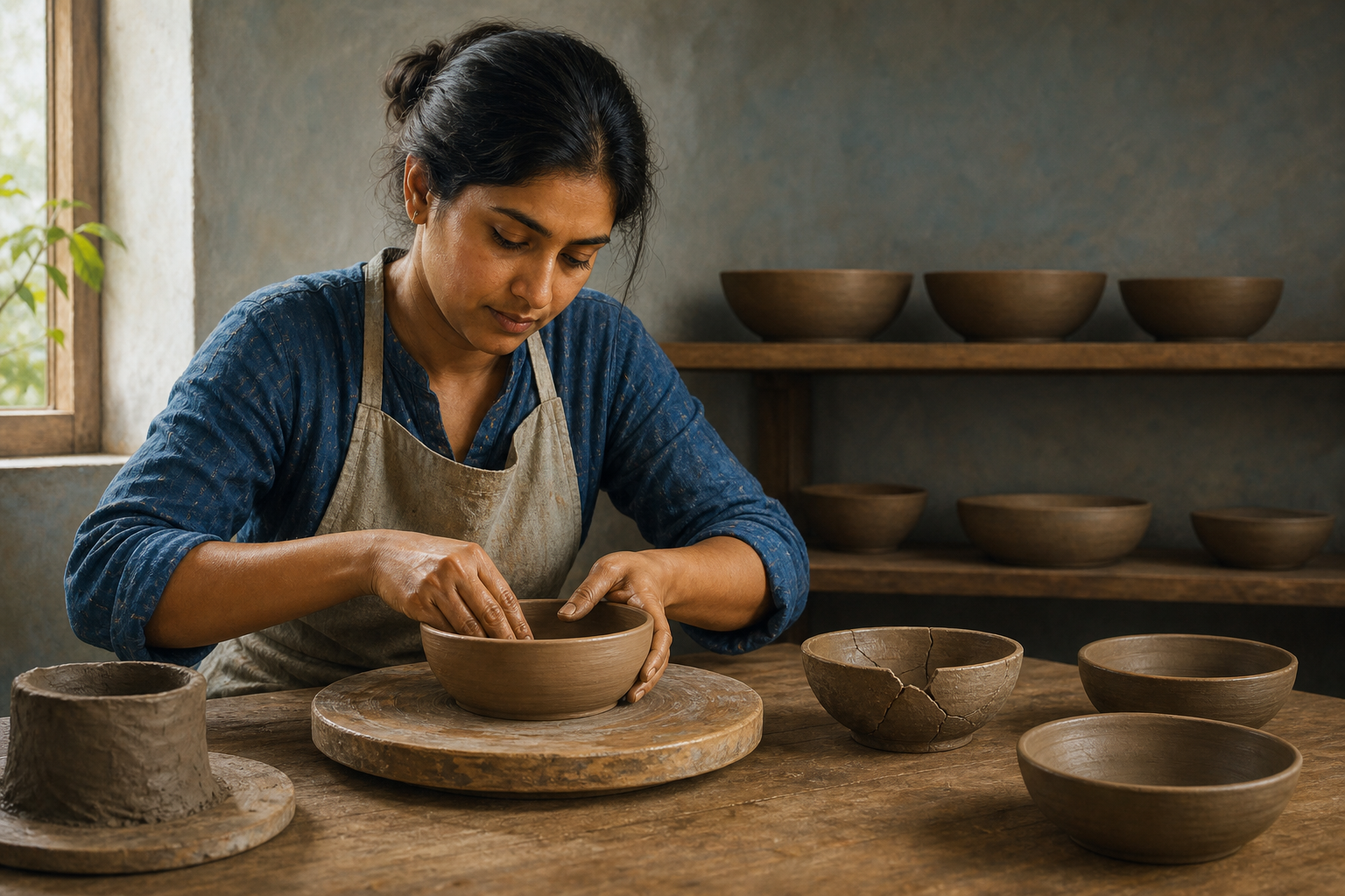 A craftsperson calmly shapes a clay bowl at a workbench with finished, unfinished and cracked bowls nearby.