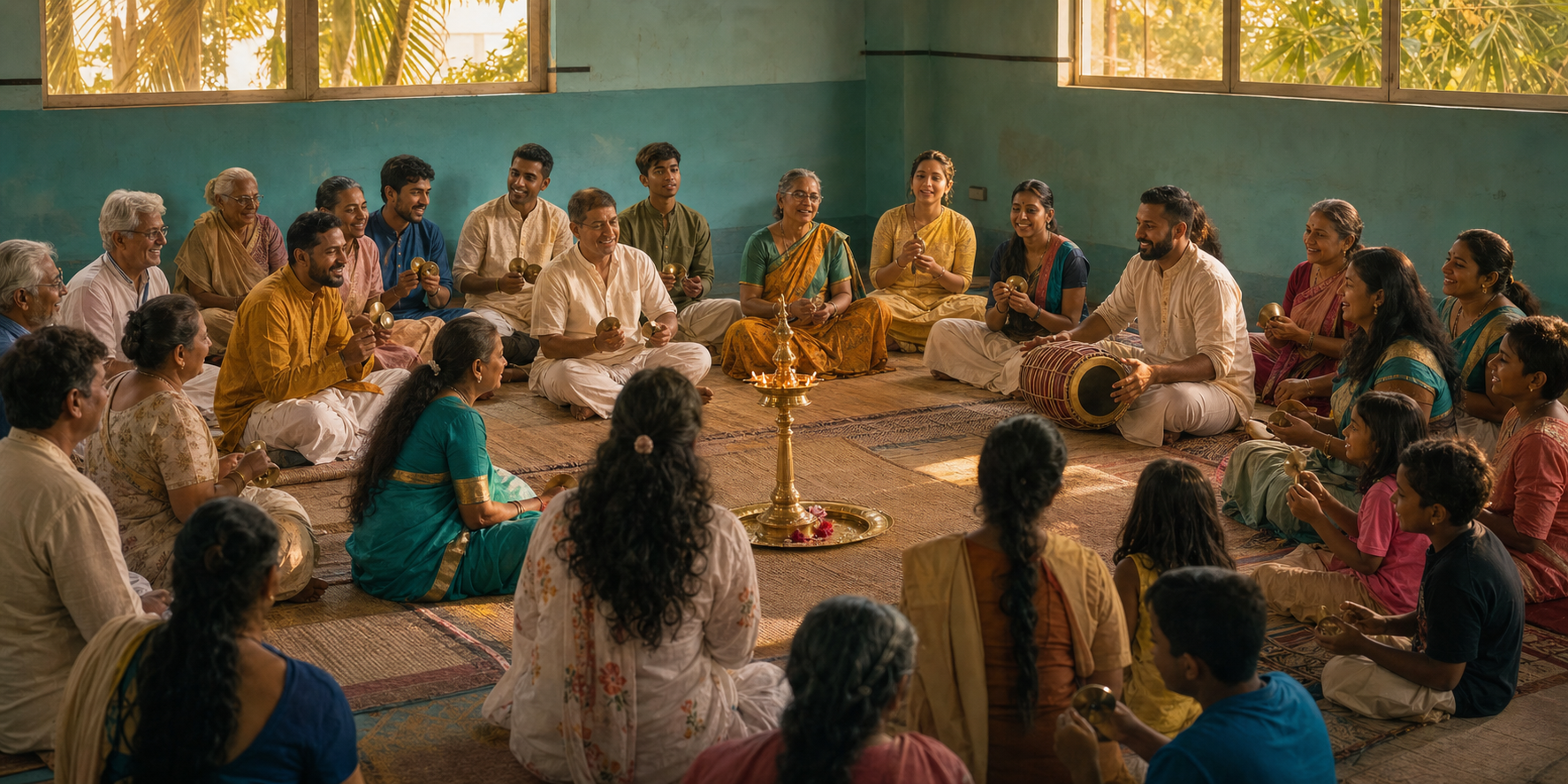 Hindu elders, adults and children from different family backgrounds sing together around a brass lamp in a Durban community hall.