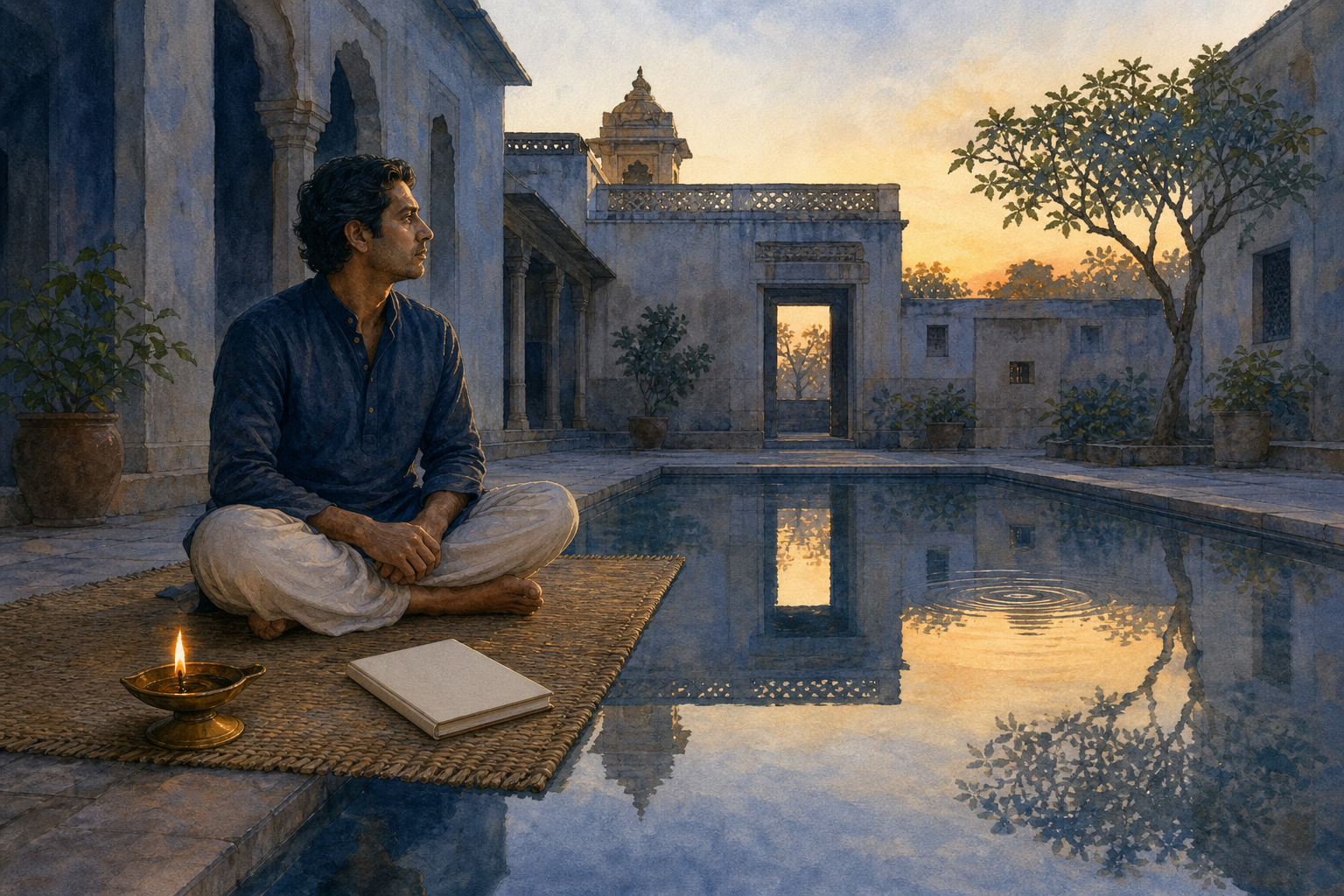 A person sits quietly beside a courtyard pool at dawn, with a clear reflection in the water and a small lamp nearby.