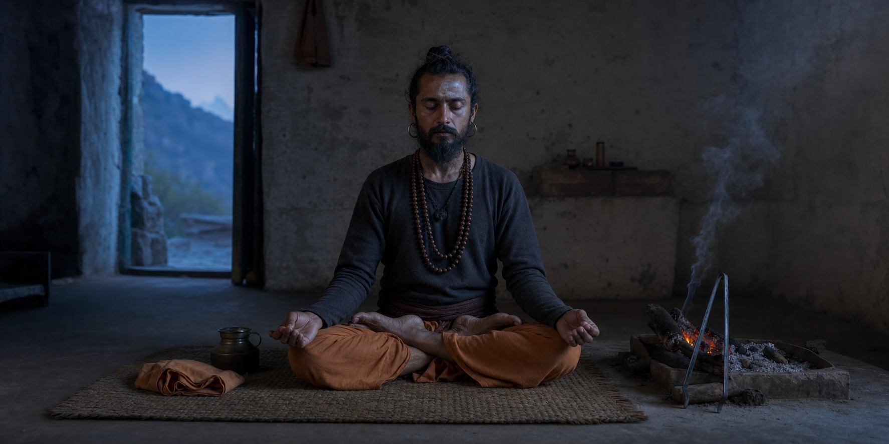 A yogi wearing simple earrings, prayer beads, sacred ash, and a dark cord meditates on a woven mat beside glowing embers before dawn.