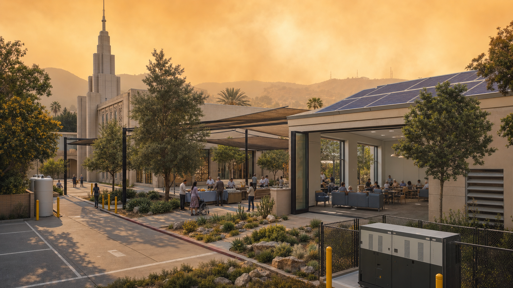 Temple campus during a hot, smoky Los Angeles day, with shaded paths, fire-resistant landscaping, solar power, water storage, a clean-air hall, and volunteers assisting visitors.