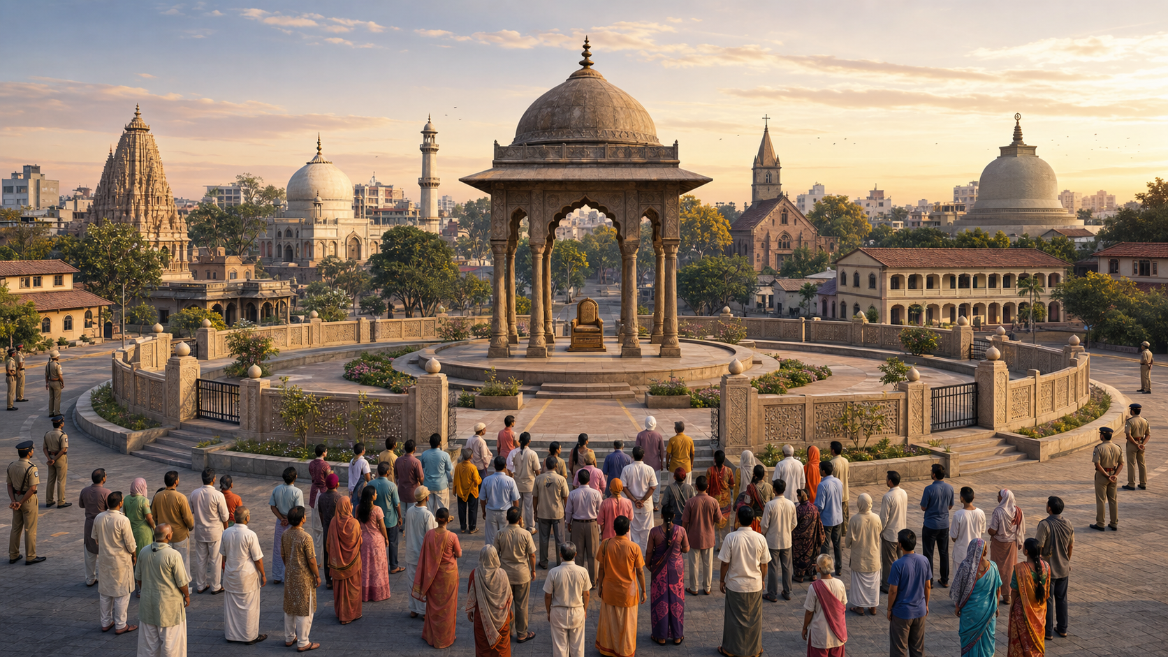 A diverse group of citizens gathers around an open civic pavilion in an Indian city with several religious and public buildings in the background.