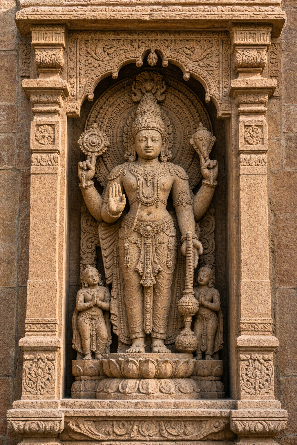 A complete sandstone temple sculpture shows a crowned multi-armed deity, hand-held objects, ornaments, attendants and a lotus base within a carved niche.