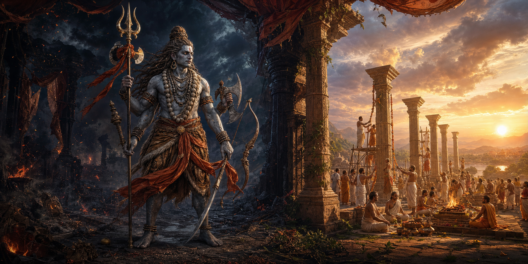 Virabhadra stands at the threshold of a damaged yajna pavilion as dawn illuminates people restoring the sacred space behind him.