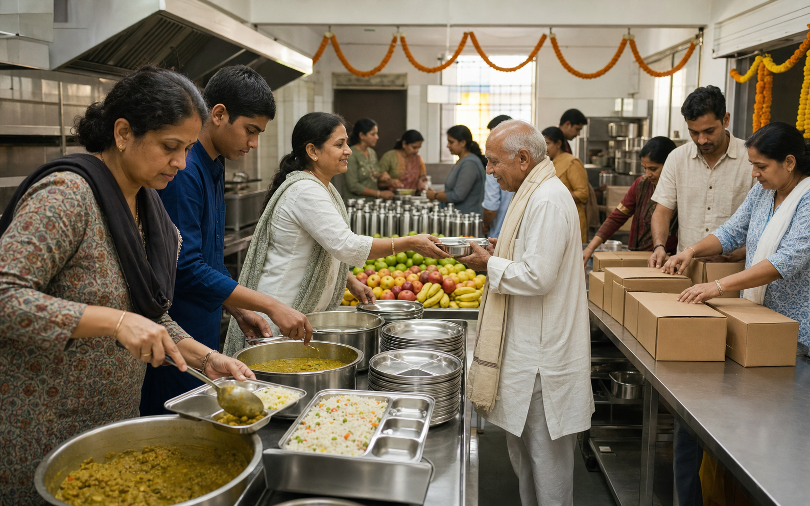 Volunteers prepare and distribute vegetarian meals in an orderly service area behind a Hindu devotional gathering.