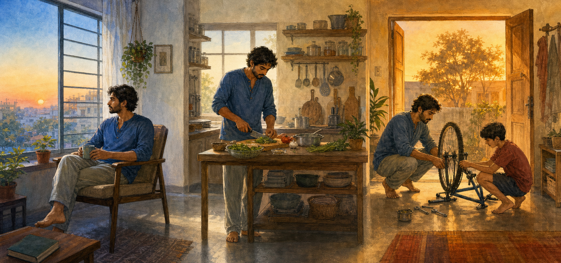 A continuous home scene shows one person meditating at sunrise, preparing food, and helping repair a bicycle later in the day.