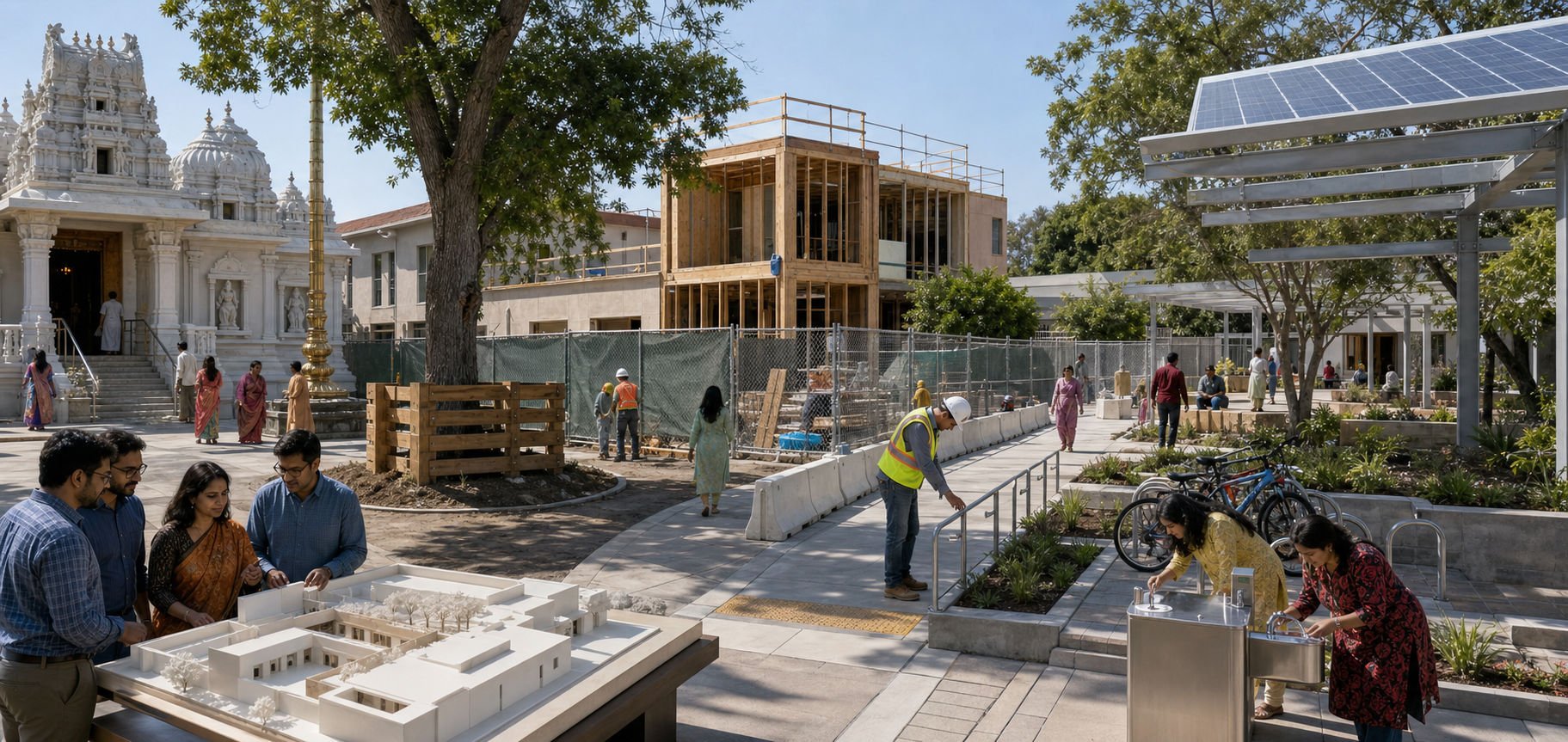 Active temple campus with worship continuing beside a protected construction area, a completed sustainable courtyard, and community members inspecting a physical model and accessibility details.